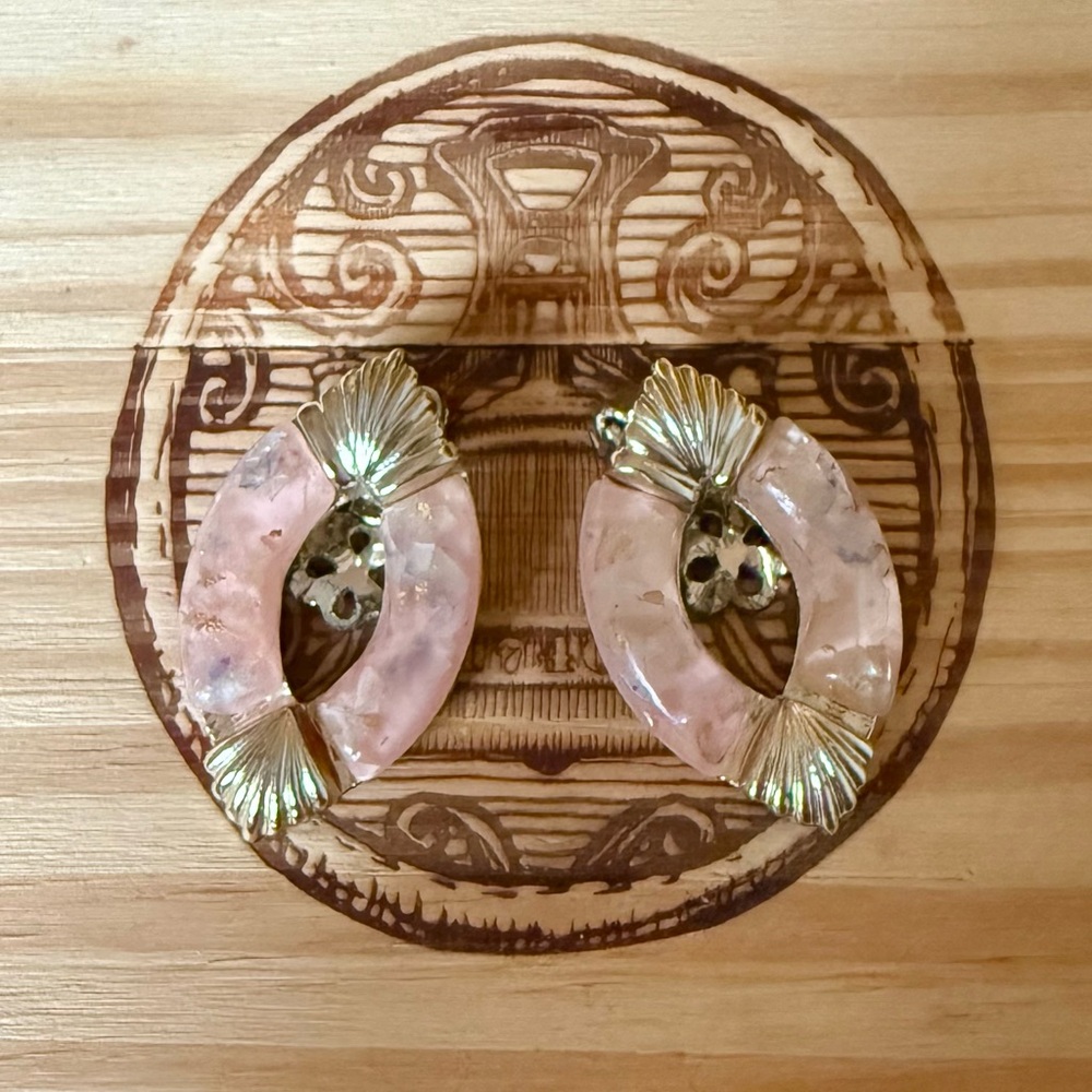 Vintage Coro Pink Lucite & Gold Oval Clip-On Earrings
